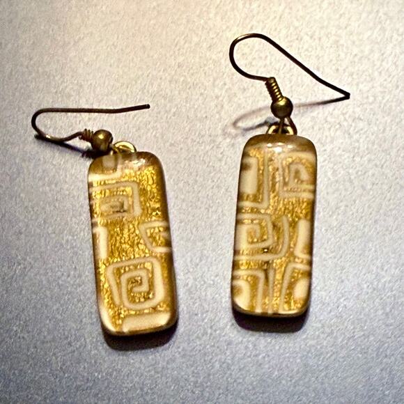 Murano Glass Cream & Gold Geometric Drop Earrings - Picture 4 of 6